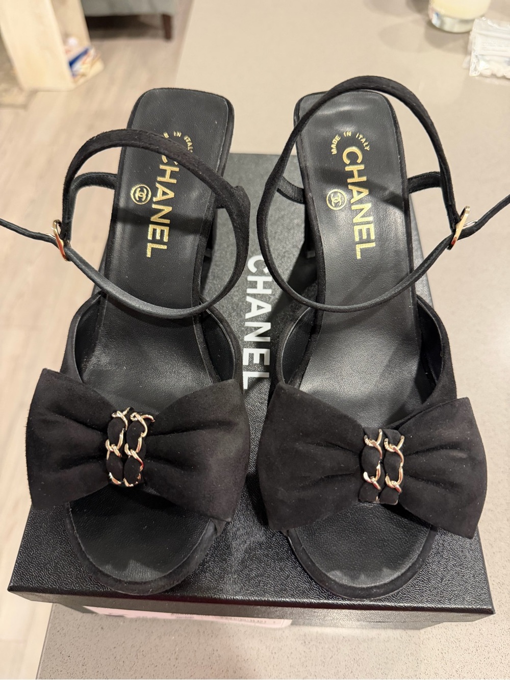 Chanel Black Suede Bow Chain Heels - Picture 2 of 6